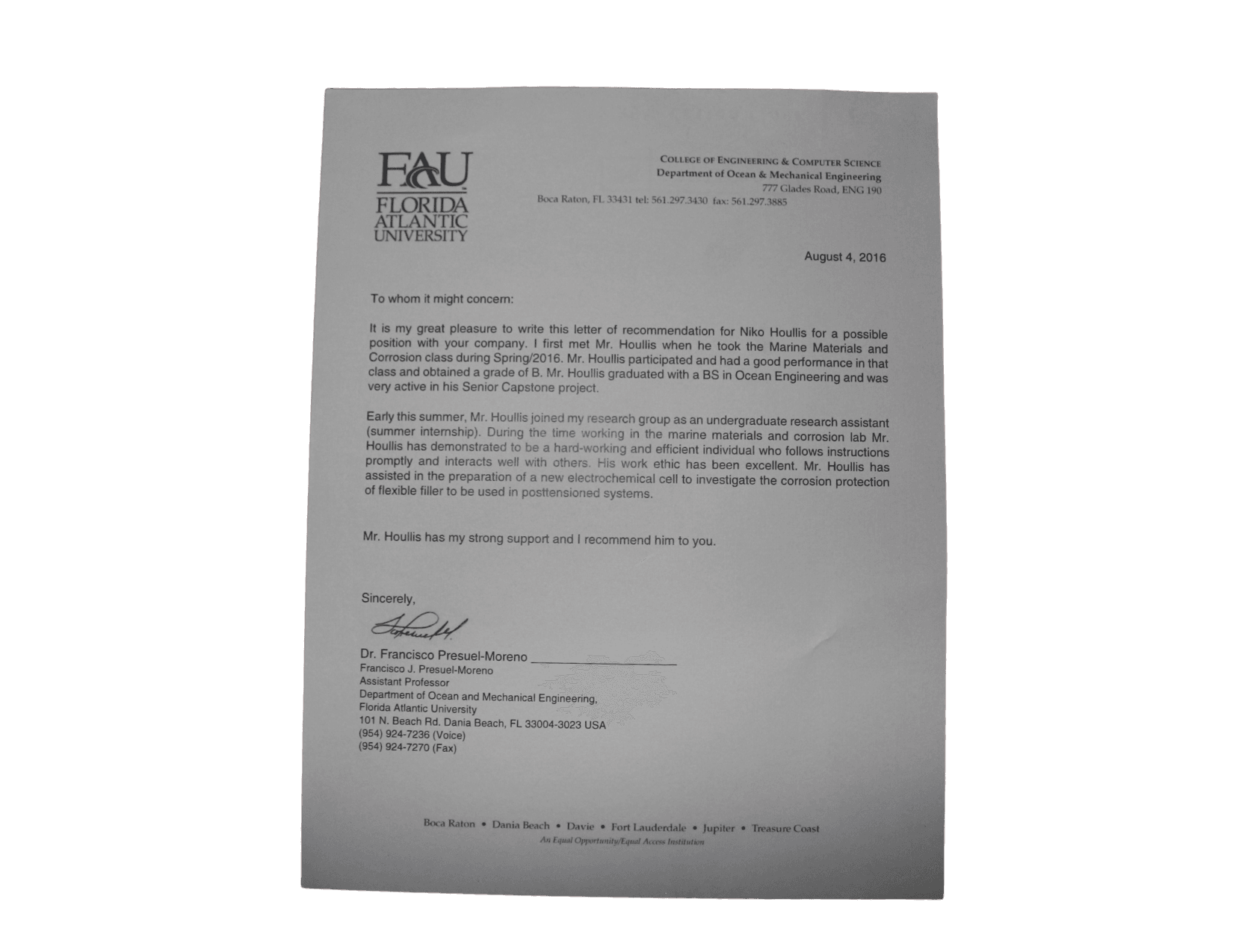 FAU Letter of Recommendation