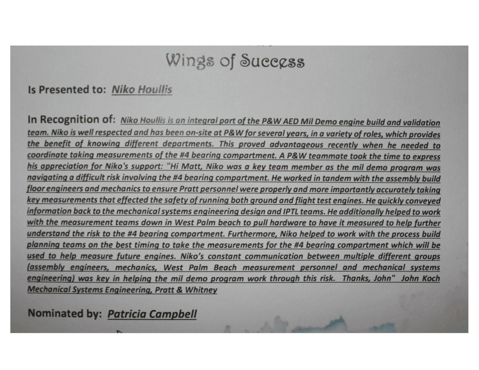 Eagle Award — #4 Bearing Compartment